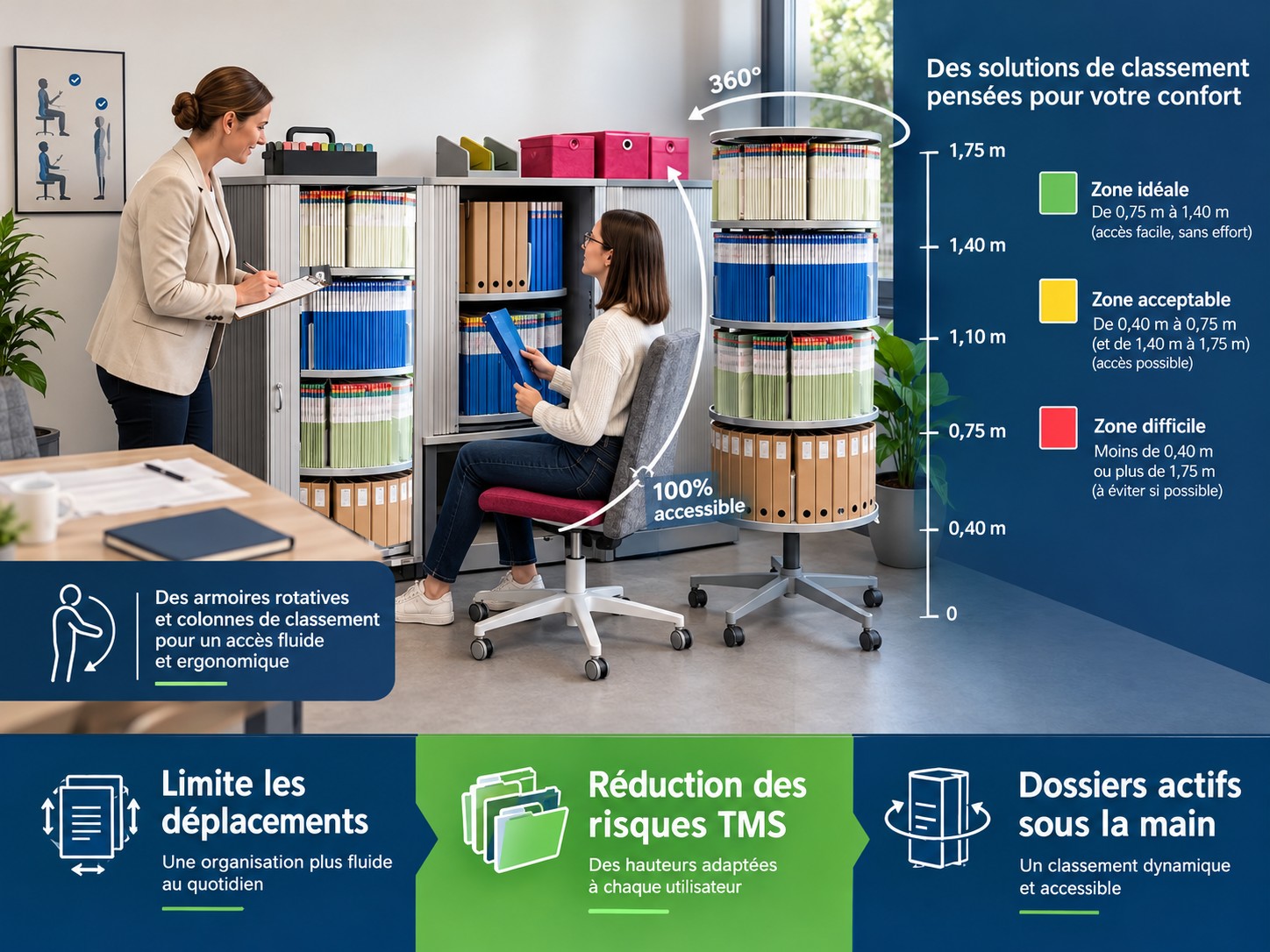 Aménagement ergonomique avec armoires rotatives et colonnes 360° Alphadex pour la prévention des TMS